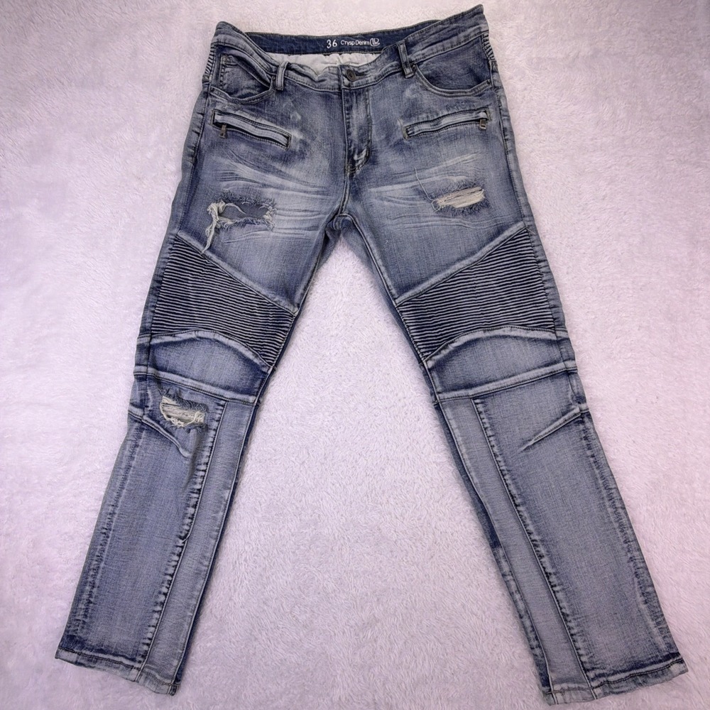 Crysp Denim Jeans Mens (36x28.5)‎ Blue Stretch Slim Motto Grunge Punk Distressed